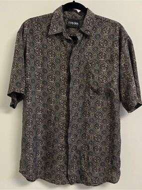 Vintage Colore Italia Men’s Silk Short Sleeve Shirt Retro Brown Print Size Small